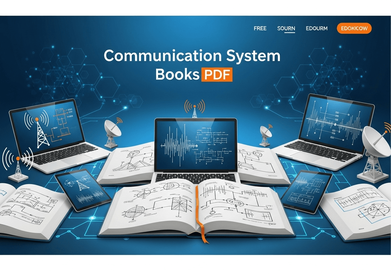 Communication System Book PDF cover, showing radio waves and digital signals, for EEE/ECE job prep
