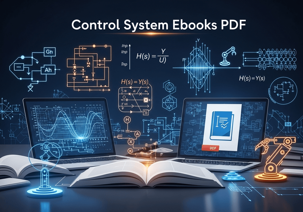 Control System Ebook cover for EEE/ECE job exams, showing block diagrams and feedback loops