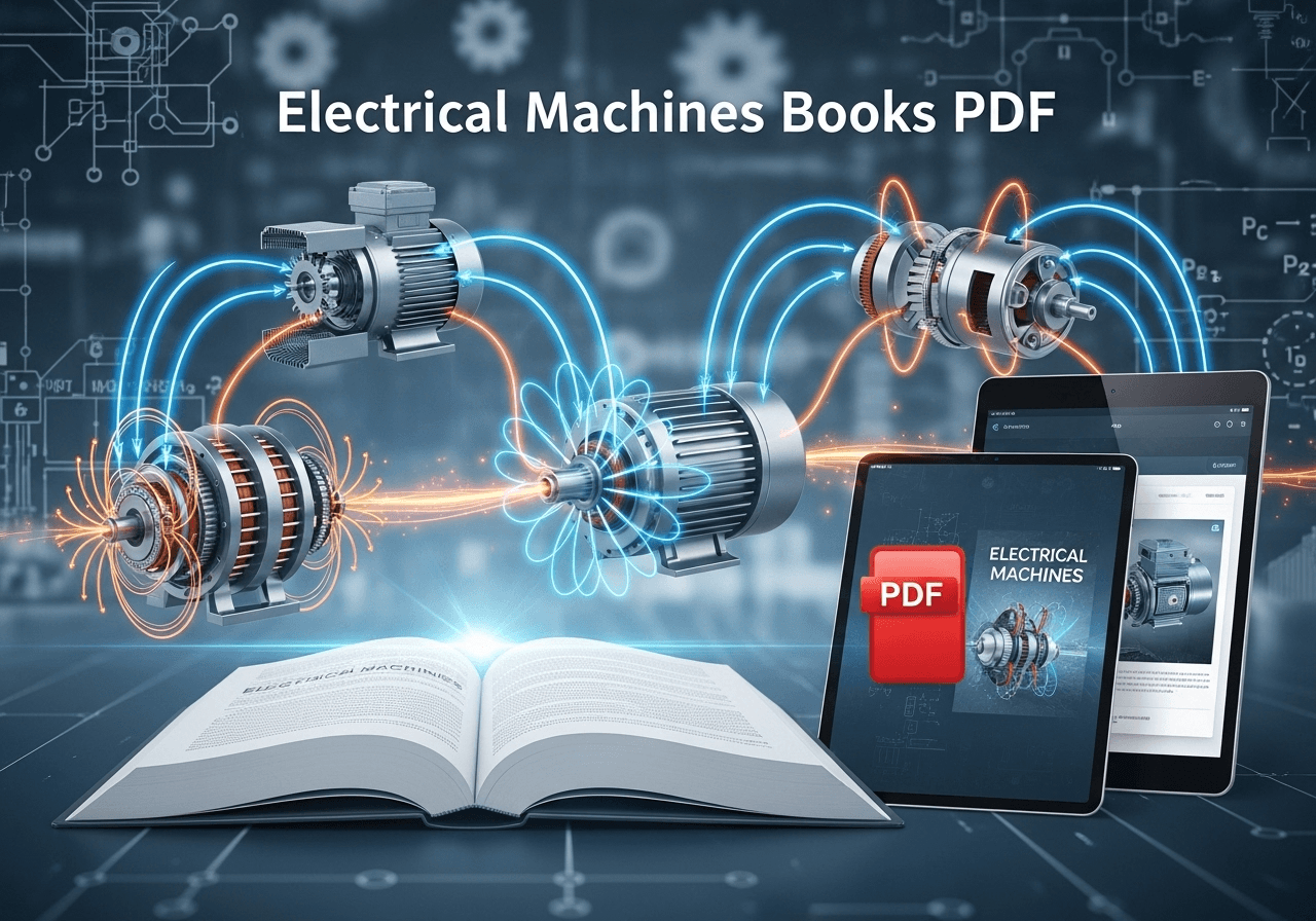 Electrical Machines Book PDF cover for EEE job exams, showing motors and generators schematics