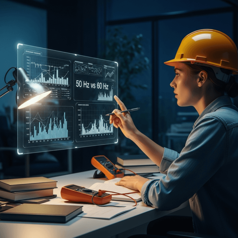 Comparison of 50 Hz and 60 Hz power system frequency waveforms for EEE job preparation and electrical engineering interviews.
