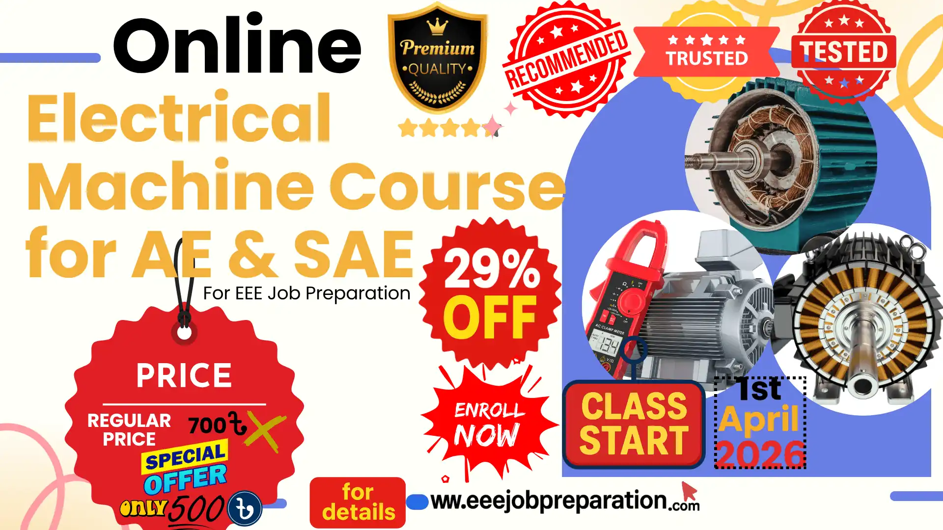 Promotional banner for the Online Electrical Machine course for EEE AE and SAE job preparation in Bangladesh, starting on April 1st, with a discounted price of 500 Taka.