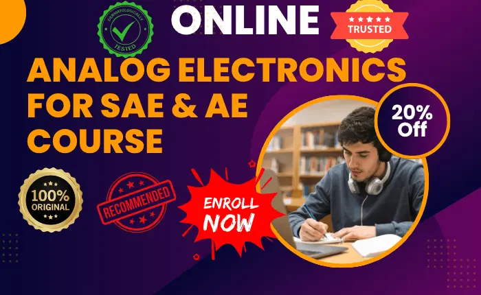 Promotional banner for the Online Analog Electronics course for EEE AE and SAE job preparation in Bangladesh, featuring a student studying at a desk and a 20 percent discount offer.