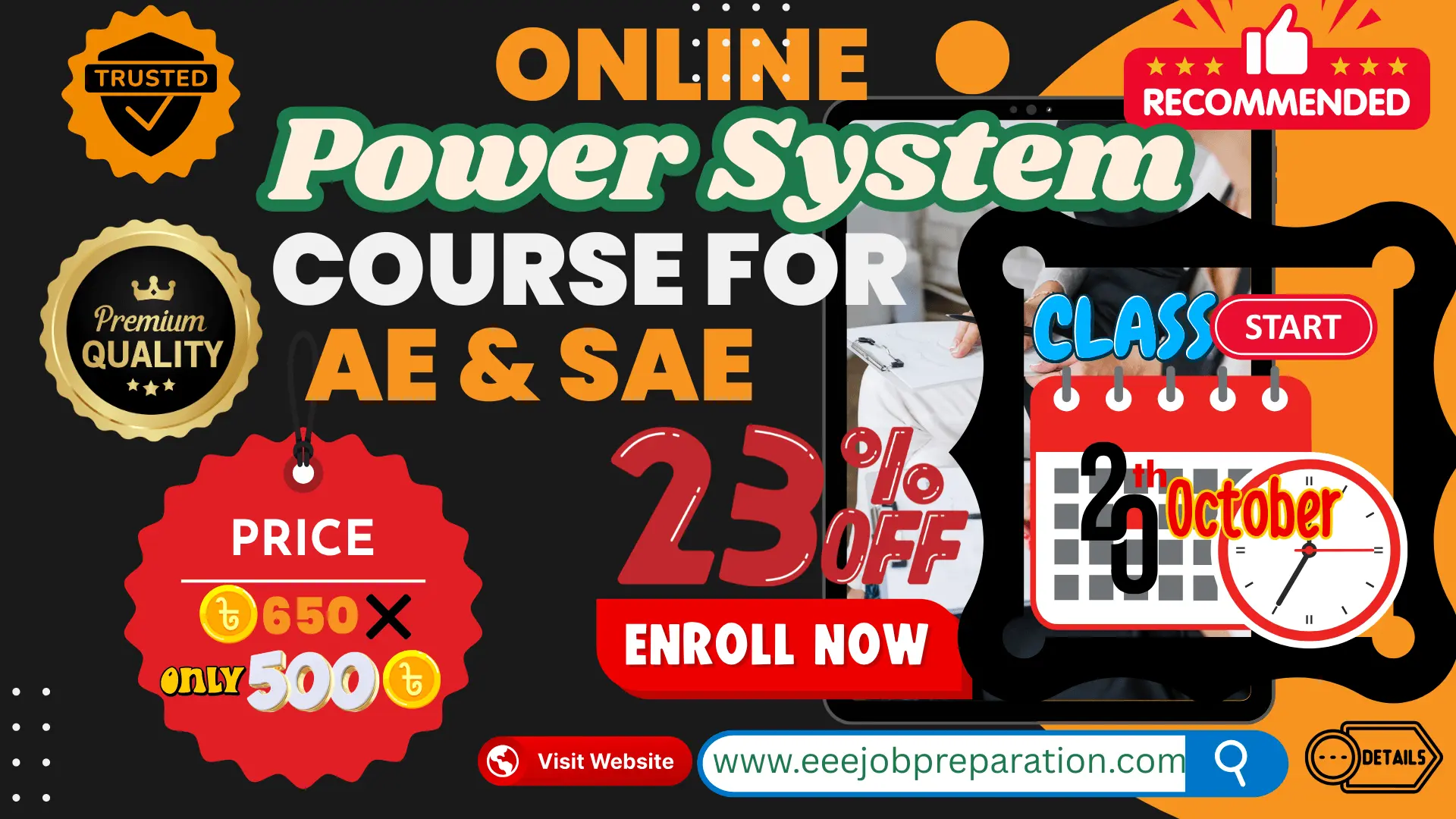 Promotional banner for the Online Power System course for EEE AE and SAE job preparation in Bangladesh, starting on October 20th, with a discounted price of 500 Taka.